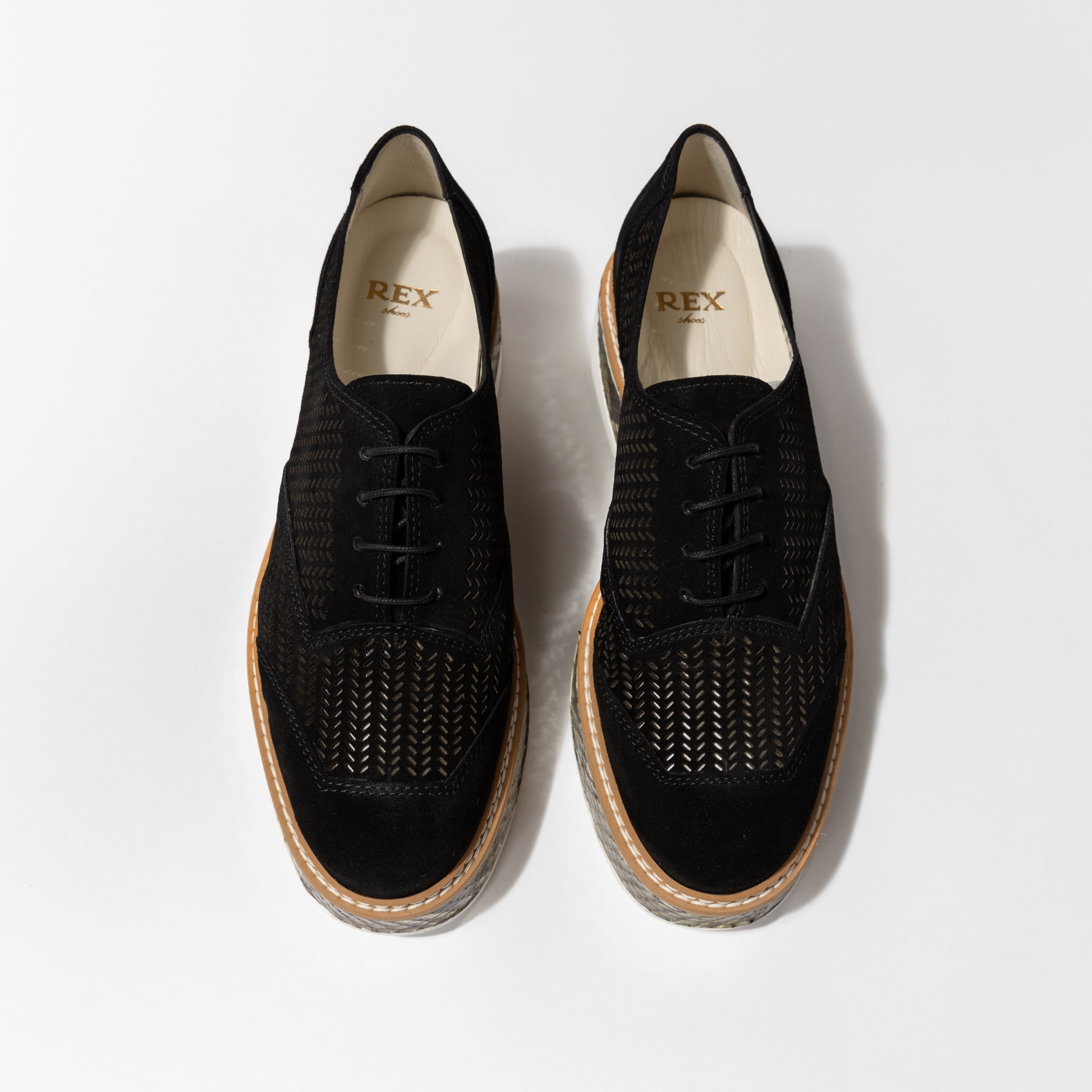 Top view of the &#39;Liz&#39; Tie-Up Oxford shoes in Black Suede with Black Leather detailing, featuring a custom perforated pattern and a classic lace-up design, handcrafted by Rex Shoes.