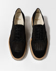 Top view of the 'Liz' Tie-Up Oxford shoes in Black Suede with Black Leather detailing, featuring a custom perforated pattern and a classic lace-up design, handcrafted by Rex Shoes.